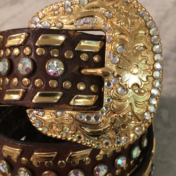 Nocona Rhinestone Belt Womens Medium Brown Gold Tone Buckle Bling Cowgirl Rodeo - Picture 3 of 8
